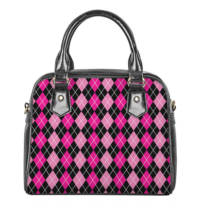Deep Pink And Black Argyle Pattern Print Shoulder Handbag