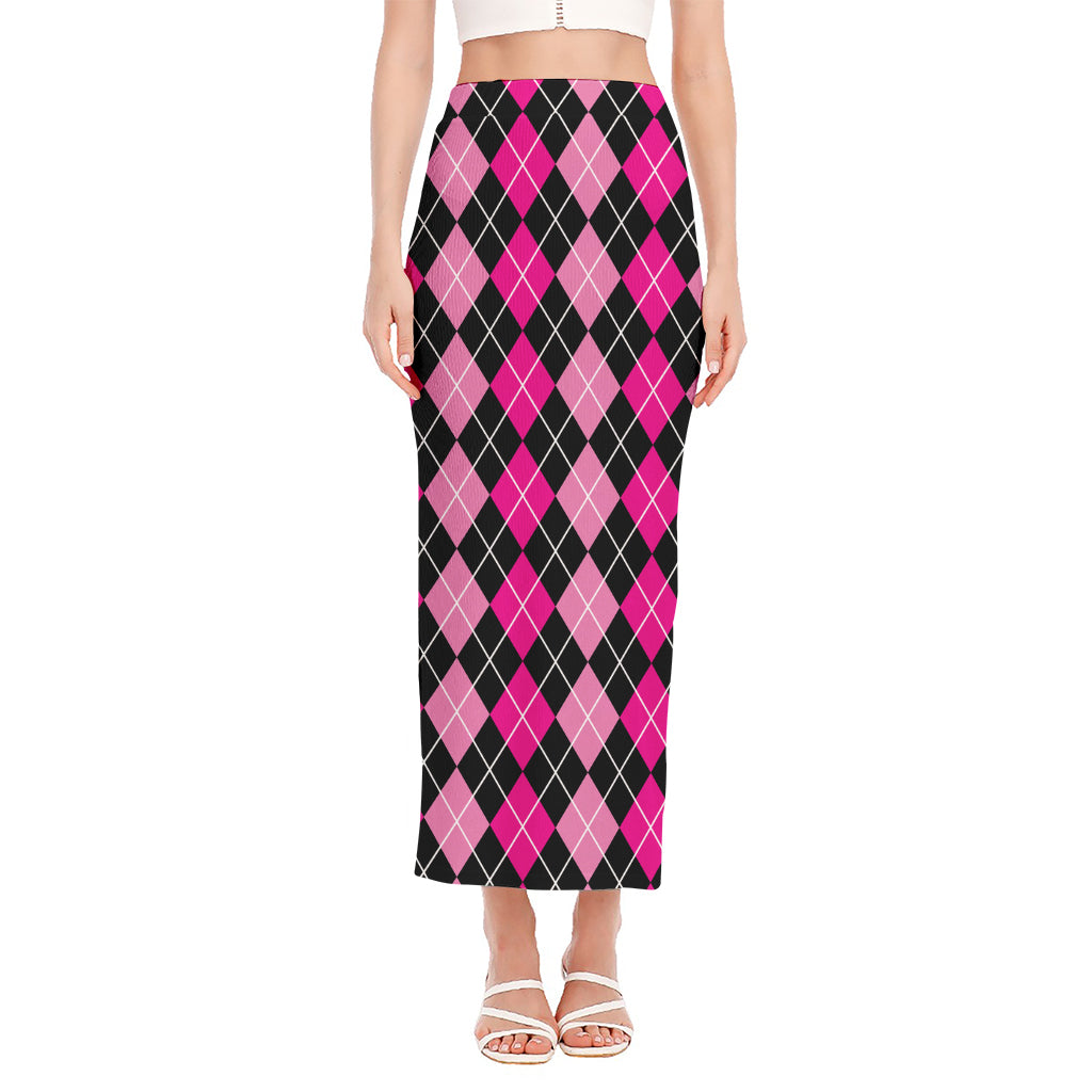 Deep Pink And Black Argyle Pattern Print Side Slit Maxi Skirt
