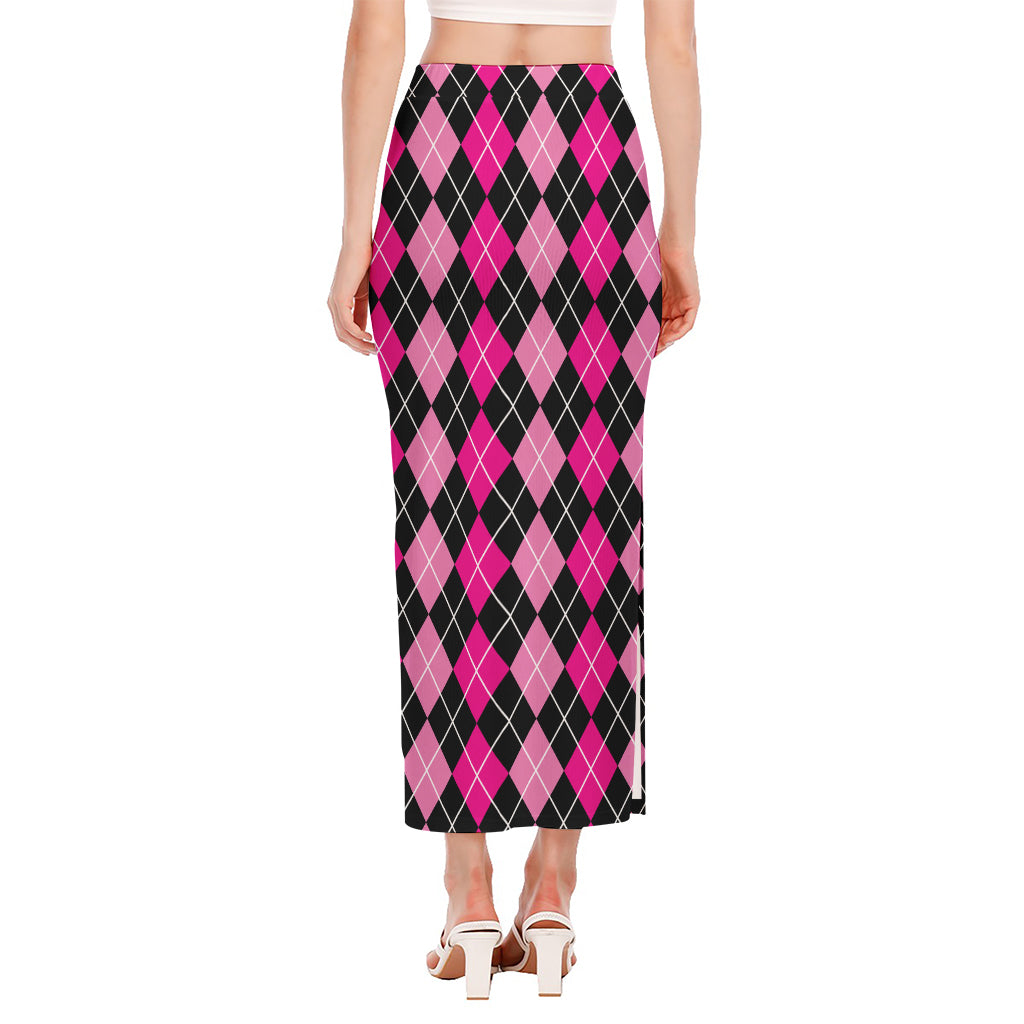 Deep Pink And Black Argyle Pattern Print Side Slit Maxi Skirt