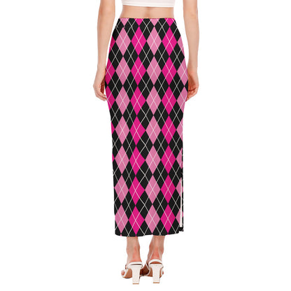 Deep Pink And Black Argyle Pattern Print Side Slit Maxi Skirt