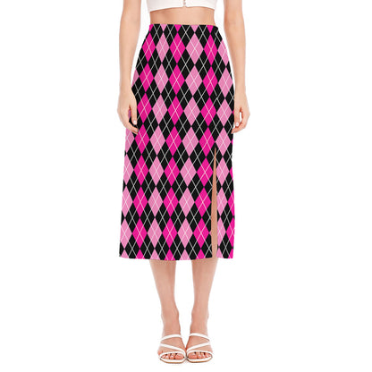 Deep Pink And Black Argyle Pattern Print Side Slit Midi Skirt