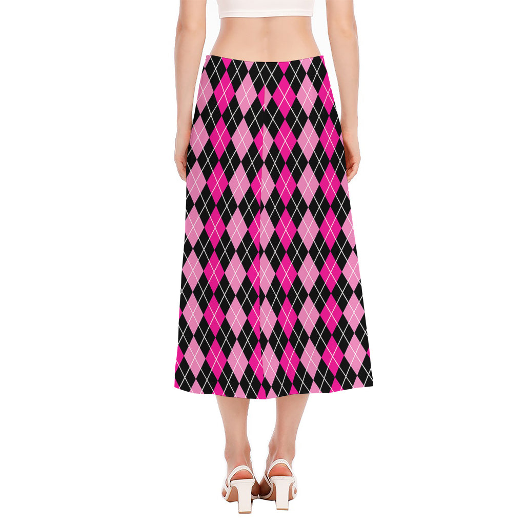 Deep Pink And Black Argyle Pattern Print Side Slit Midi Skirt