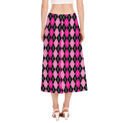 Deep Pink And Black Argyle Pattern Print Side Slit Midi Skirt