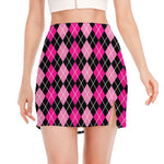Deep Pink And Black Argyle Pattern Print Side Slit Mini Skirt