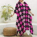 Deep Pink And Black Argyle Pattern Print Silk V-Neck Kaftan Dress