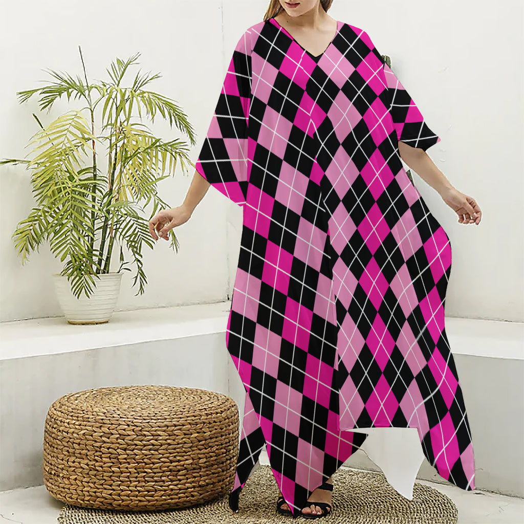 Deep Pink And Black Argyle Pattern Print Silk V-Neck Kaftan Dress