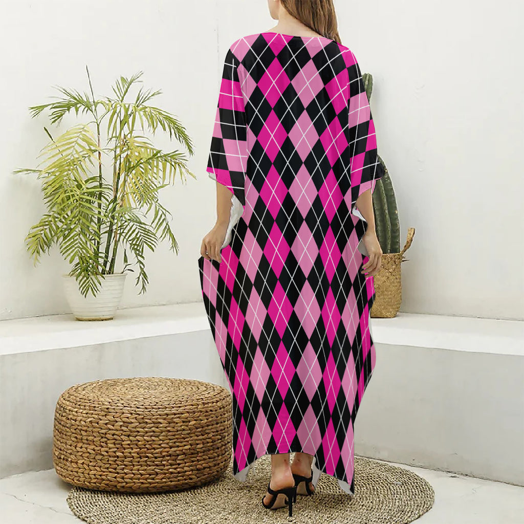 Deep Pink And Black Argyle Pattern Print Silk V-Neck Kaftan Dress