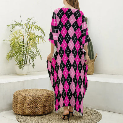 Deep Pink And Black Argyle Pattern Print Silk V-Neck Kaftan Dress