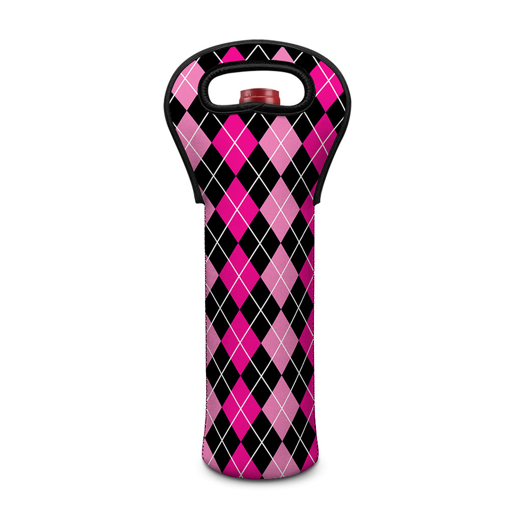 Deep Pink And Black Argyle Pattern Print Single Neoprene Wine Tote