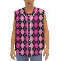 Deep Pink And Black Argyle Pattern Print Sleeveless Baseball Jersey