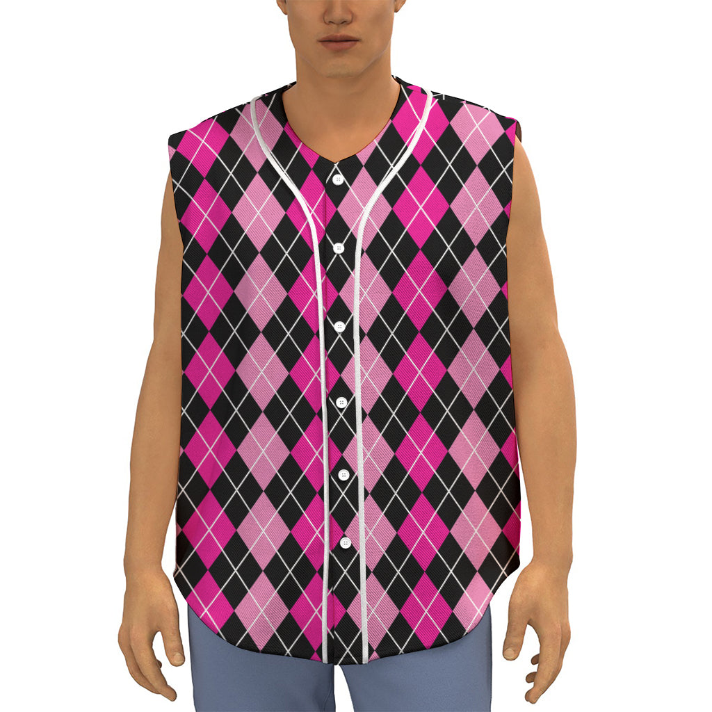 Deep Pink And Black Argyle Pattern Print Sleeveless Baseball Jersey