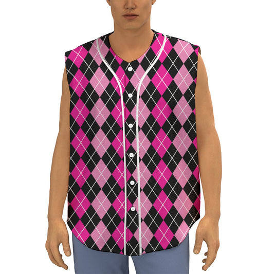 Deep Pink And Black Argyle Pattern Print Sleeveless Baseball Jersey