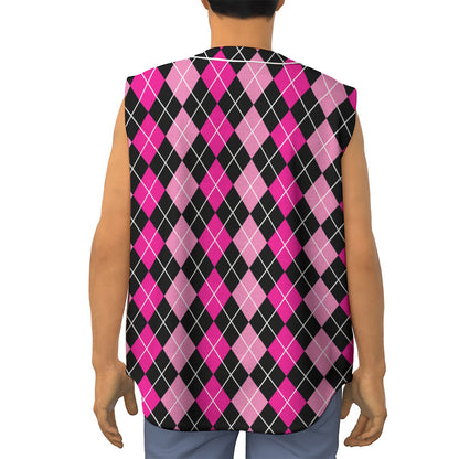 Deep Pink And Black Argyle Pattern Print Sleeveless Baseball Jersey
