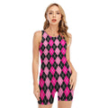 Deep Pink And Black Argyle Pattern Print Sleeveless One Piece Swimsuit