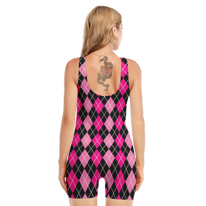Deep Pink And Black Argyle Pattern Print Sleeveless One Piece Swimsuit