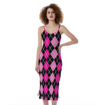 Deep Pink And Black Argyle Pattern Print Slim Fit Midi Cami Dress
