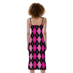 Deep Pink And Black Argyle Pattern Print Slim Fit Midi Cami Dress