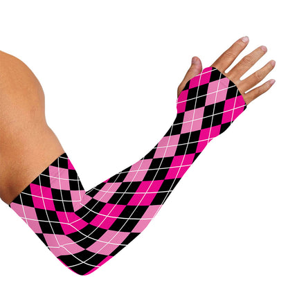 Deep Pink And Black Argyle Pattern Print Sun Protection Arm Sleeves