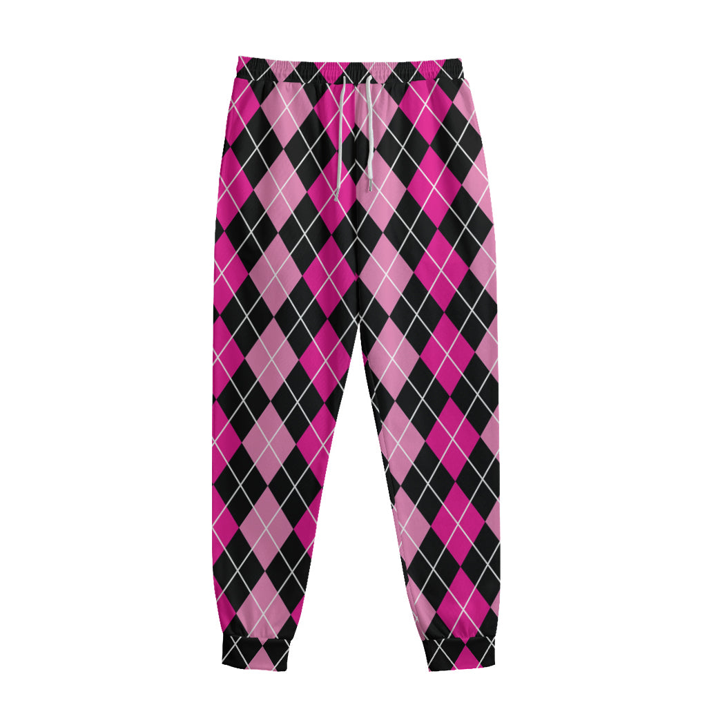 Deep Pink And Black Argyle Pattern Print Sweatpants
