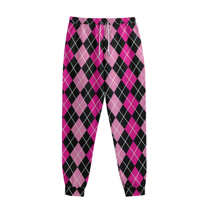 Deep Pink And Black Argyle Pattern Print Sweatpants