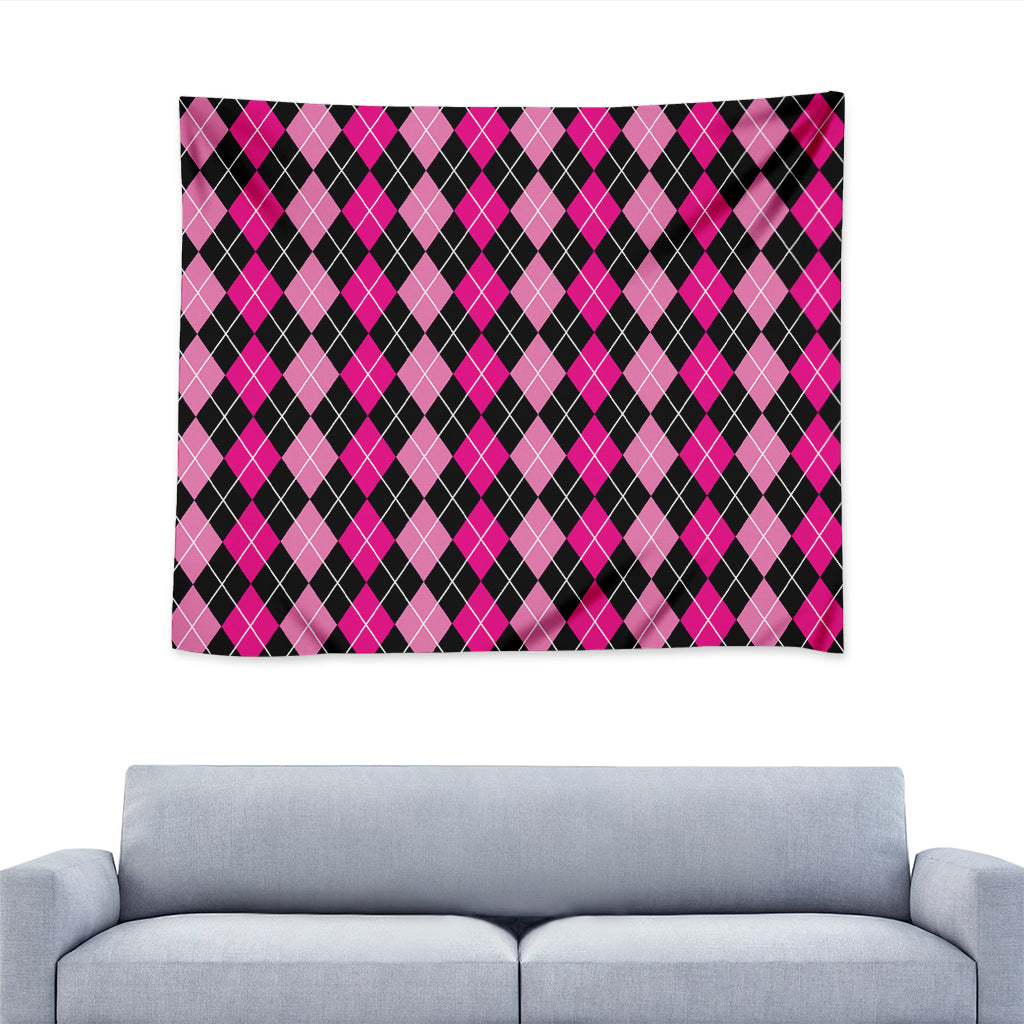 Deep Pink And Black Argyle Pattern Print Tapestry
