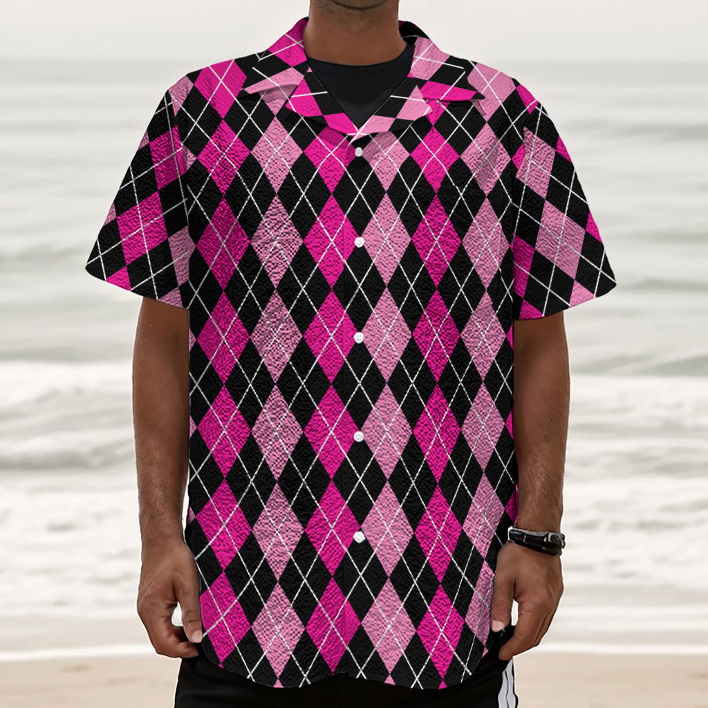 Deep Pink And Black Argyle Pattern Print Textured Short Sleeve Shirt