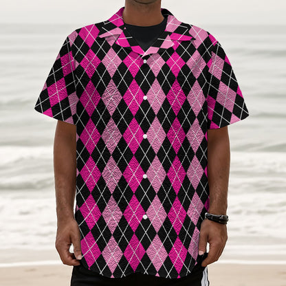 Deep Pink And Black Argyle Pattern Print Textured Short Sleeve Shirt