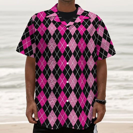 Deep Pink And Black Argyle Pattern Print Textured Short Sleeve Shirt
