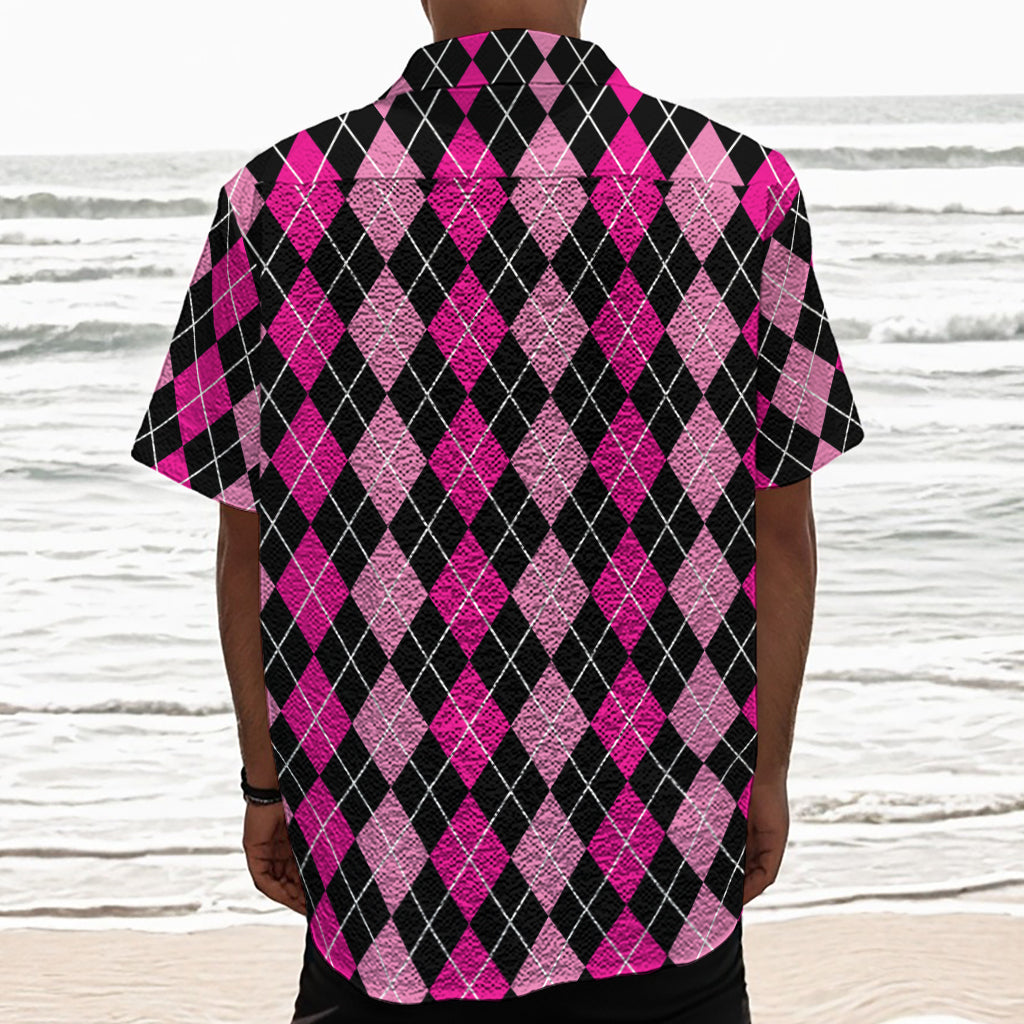 Deep Pink And Black Argyle Pattern Print Textured Short Sleeve Shirt