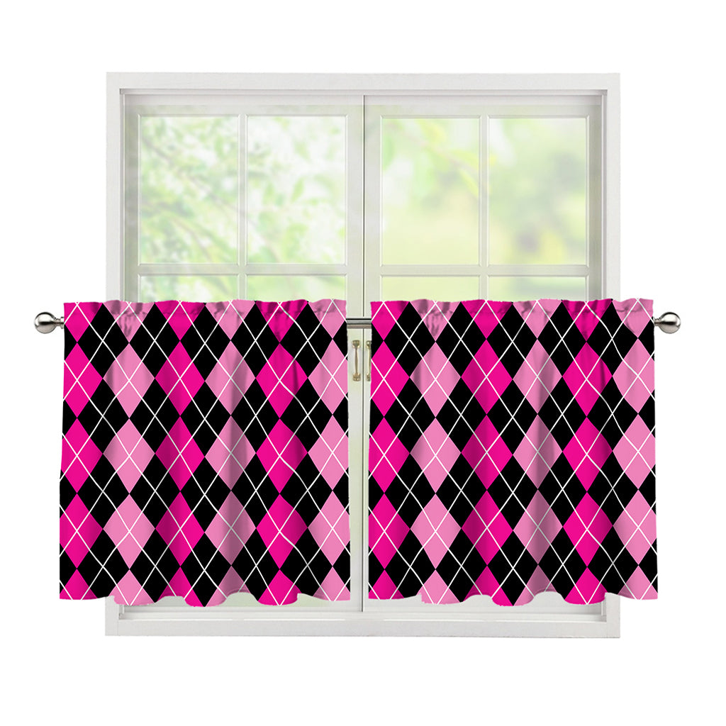 Deep Pink And Black Argyle Pattern Print Tier Curtains
