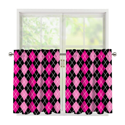 Deep Pink And Black Argyle Pattern Print Tier Curtains