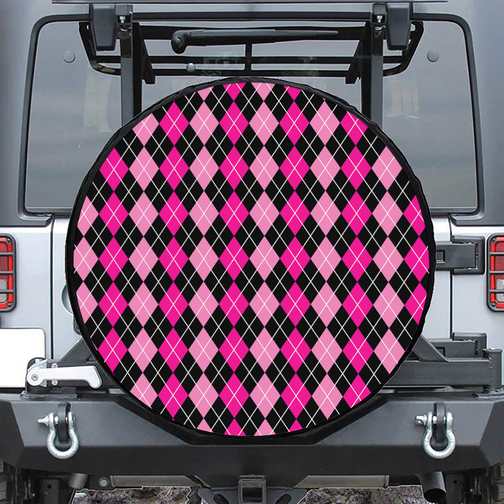 Deep Pink And Black Argyle Pattern Print Tire Cover