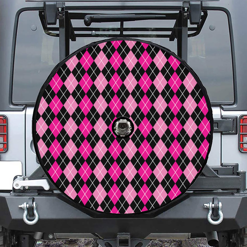 Deep Pink And Black Argyle Pattern Print Tire Cover With Camera Hole