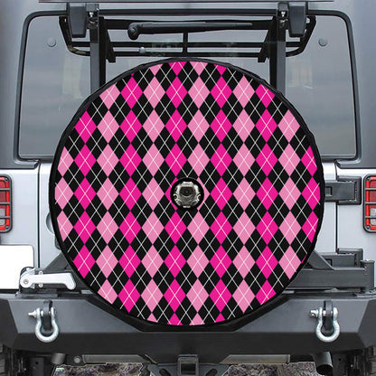 Deep Pink And Black Argyle Pattern Print Tire Cover With Camera Hole