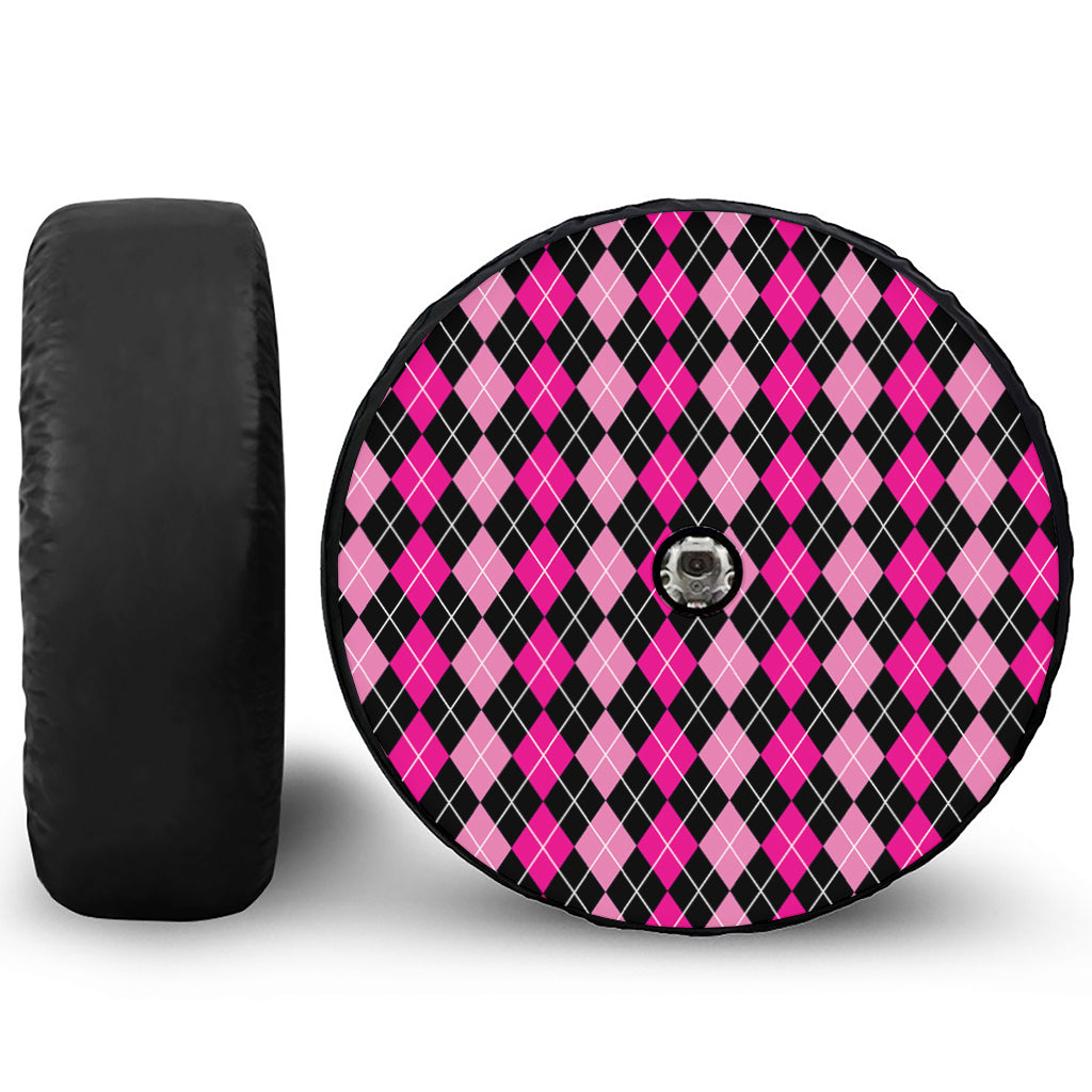 Deep Pink And Black Argyle Pattern Print Tire Cover With Camera Hole