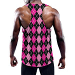Deep Pink And Black Argyle Pattern Print Training Tank Top