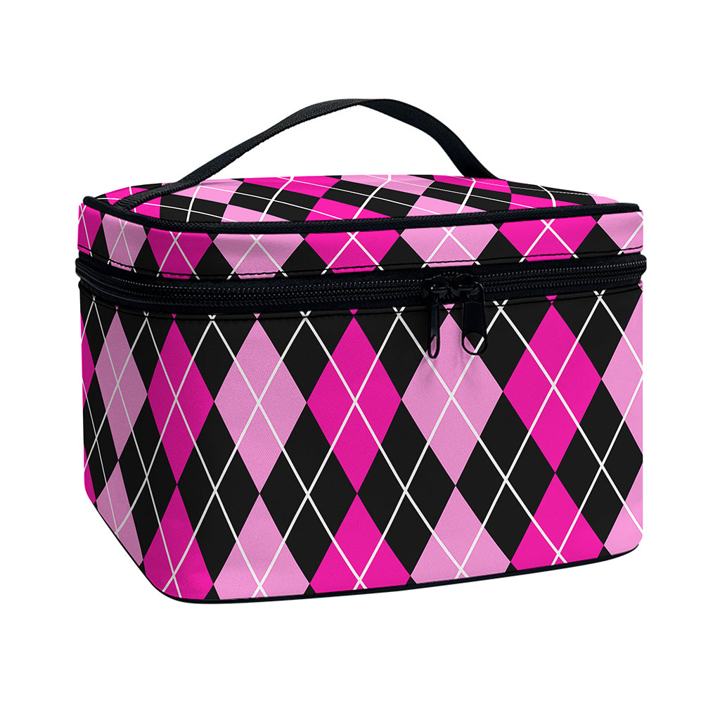 Deep Pink And Black Argyle Pattern Print Travel Makeup Bag