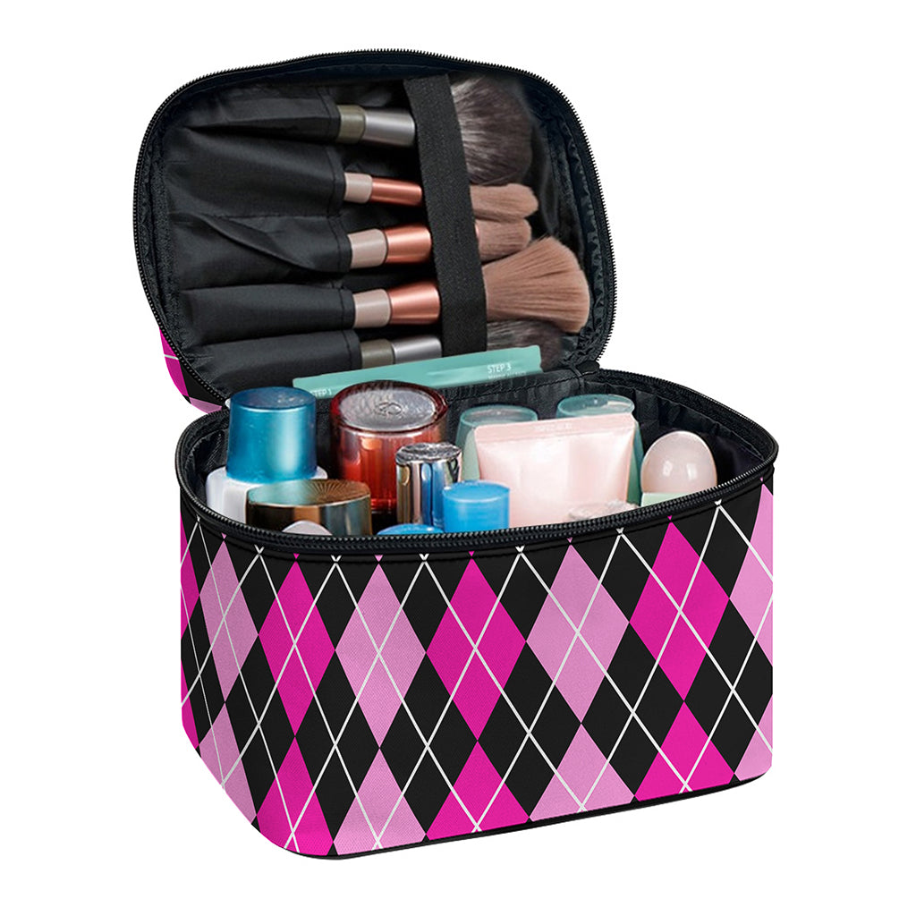 Deep Pink And Black Argyle Pattern Print Travel Makeup Bag