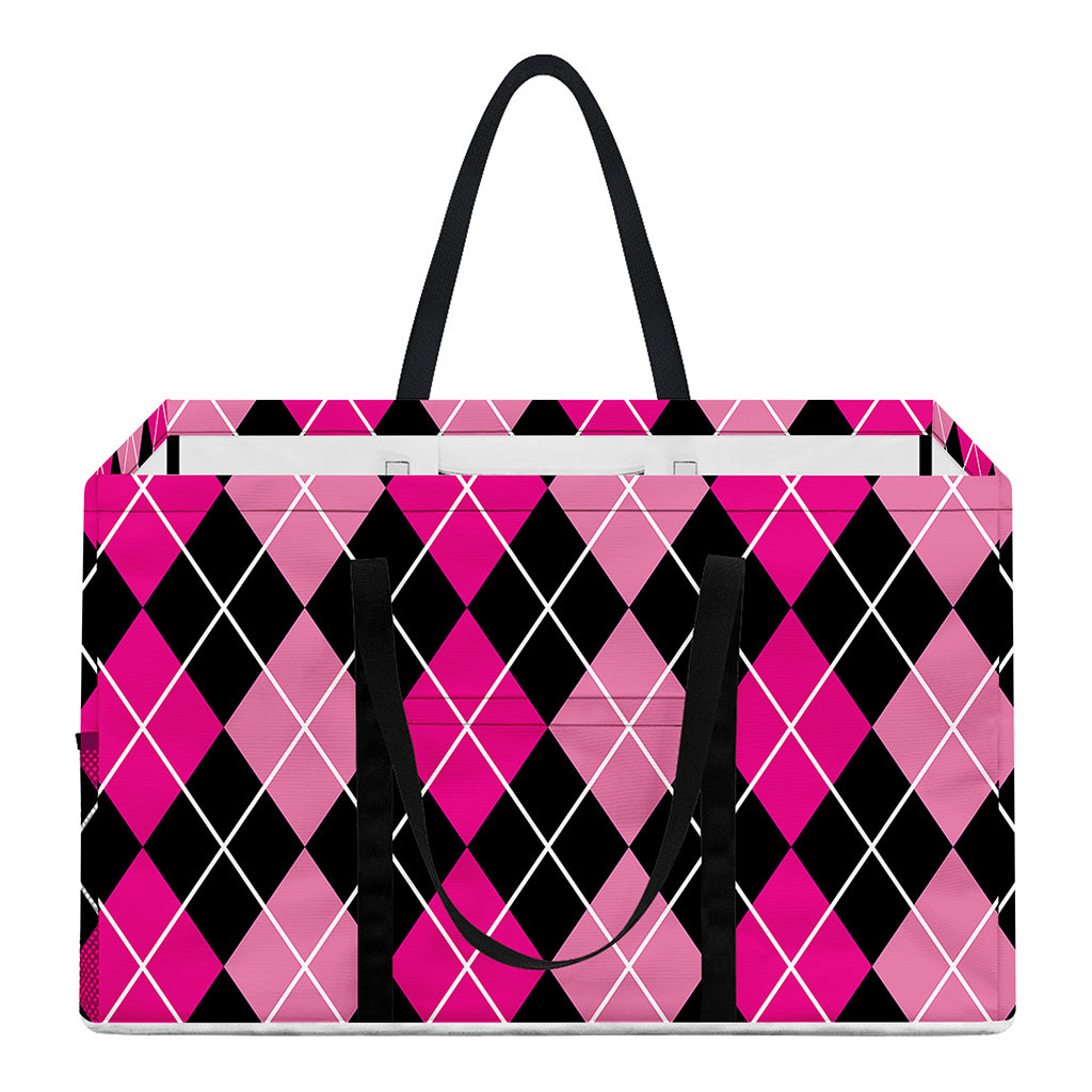 Deep Pink And Black Argyle Pattern Print Utility Tote Bag