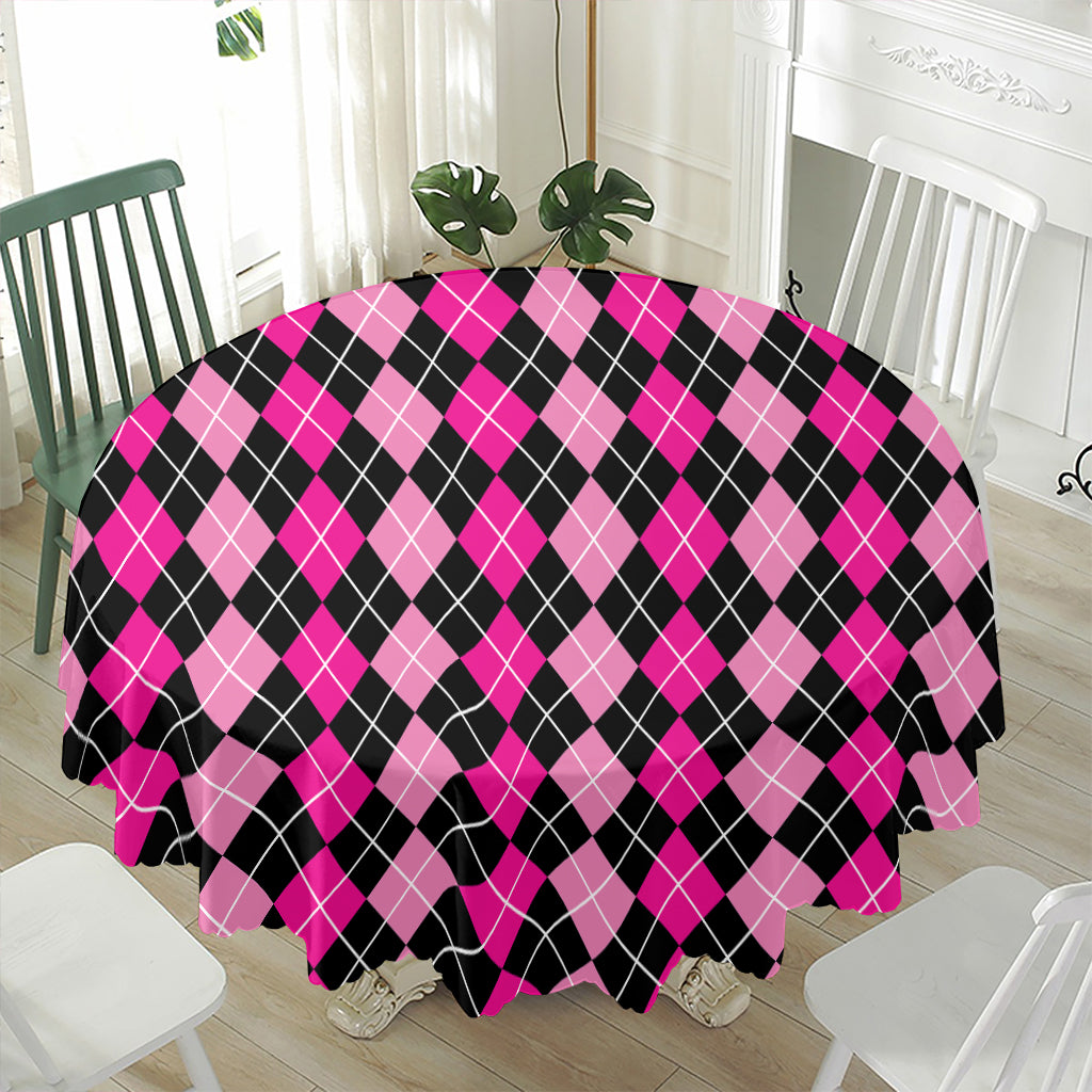 Deep Pink And Black Argyle Pattern Print Waterproof Round Tablecloth