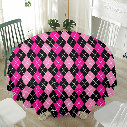 Deep Pink And Black Argyle Pattern Print Waterproof Round Tablecloth