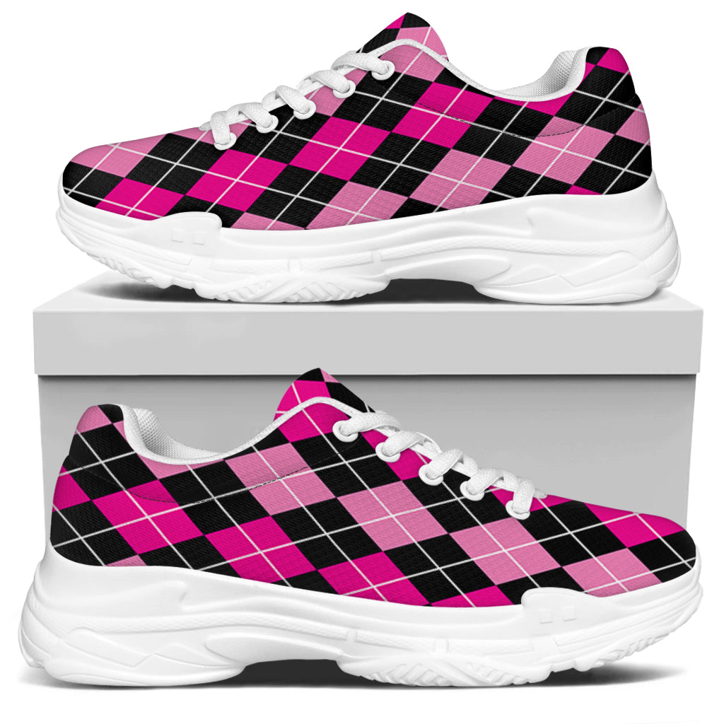 Deep Pink And Black Argyle Pattern Print White Chunky Shoes