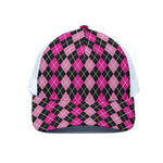 Deep Pink And Black Argyle Pattern Print White Mesh Trucker Cap