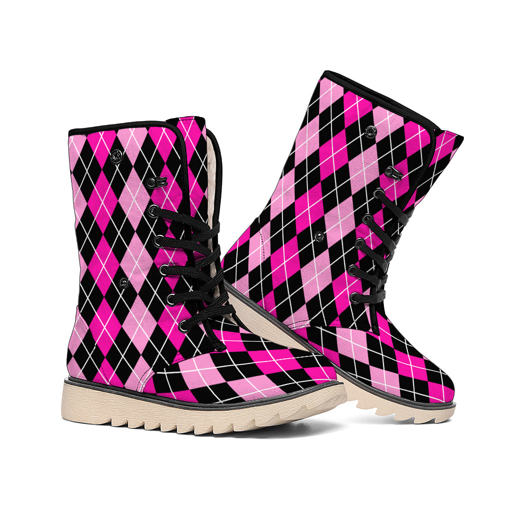 Deep Pink And Black Argyle Pattern Print Winter Boots