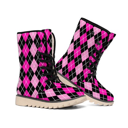 Deep Pink And Black Argyle Pattern Print Winter Boots
