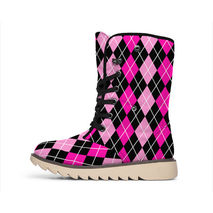 Deep Pink And Black Argyle Pattern Print Winter Boots