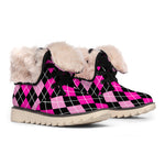 Deep Pink And Black Argyle Pattern Print Winter Boots