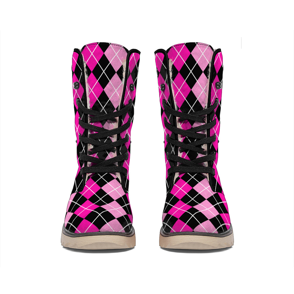 Deep Pink And Black Argyle Pattern Print Winter Boots