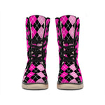 Deep Pink And Black Argyle Pattern Print Winter Boots