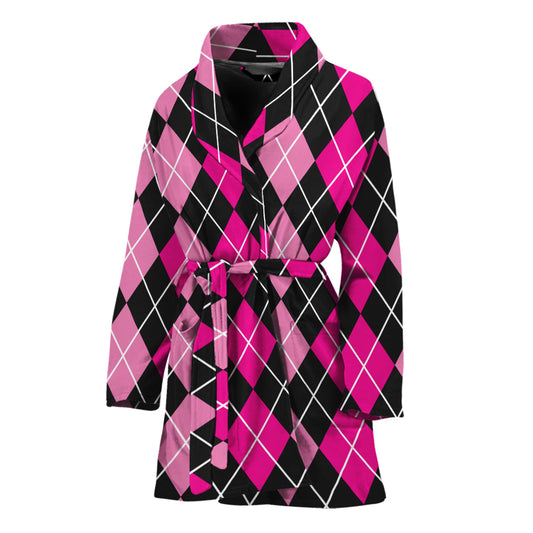 Deep Pink And Black Argyle Pattern Print Women's Bathrobe